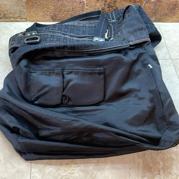 Fossil Modern Vintage Black Logo Fabric Tote Bag Canvas Straps Women’s Pocket - Picture 12 of 16